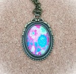 Długi Naszyjnik Vintage Wisior Retro z Mosiądzu Różowo-Niebieskie Kwiaty