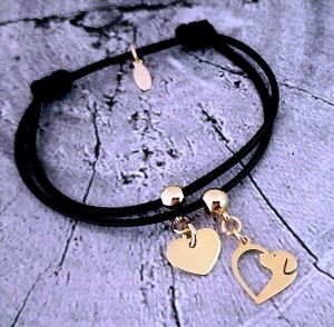 Stalowa Bransoletka Charms Złoty Pies i Serce na Grubym Sznurku