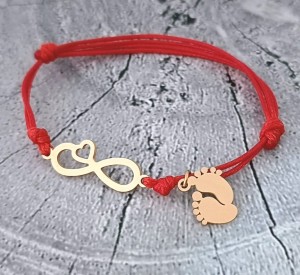 Stalowa Bransoletka Złota Nieskończoność z Serduszkiem i Stópki z Twoim Grawerem