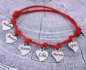 Bransoletka Sześć Serduszek na Sznurku Stal Szlachetna Własny Grawer