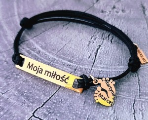 Stalowa Bransoletka Złota Blaszka i Stópki z Twoim Grawerem