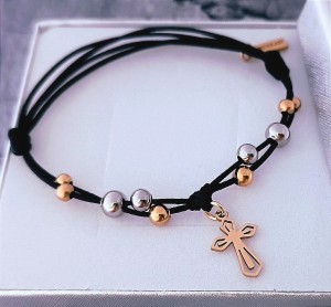 Stalowa Bransoletka z Krzyżykiem Złoto-Srebrny Różaniec Dziesiątka