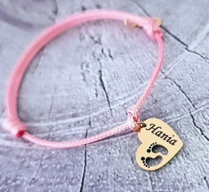 Bransoletka Złote Serce ze Stópkami na Sznurku Stal | Dowolny Grawer Gratis