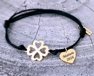 Stalowa Bransoletka Koniczynka z Serduszkiem Kolor Złoty Dowolny Grawer 