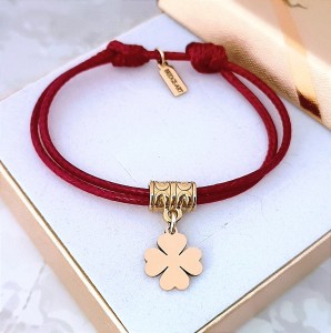 Stalowa Bransoletka Charms Złota Koniczynka na Grubym Sznurku / Grawer Gratis
