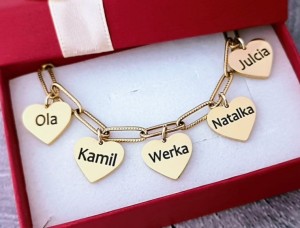 Stalowa Bransoletka Pięć Złotych Serduszek na Łańcuszku / Własny Grawer