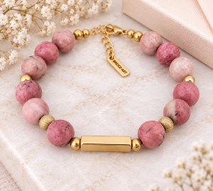 Bransoletka z Naturalnego Rodonitu z Personalizowanym Słupkiem | Grawer Gratis 