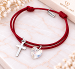 Bransoletka Stalowa na Sznurku Krzyżyk z Serduszkiem Swarovski / Różne Kolory