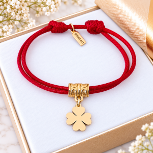 Stalowa Bransoletka Charms Złota Koniczynka na Grubym Sznurku / Grawer Gratis